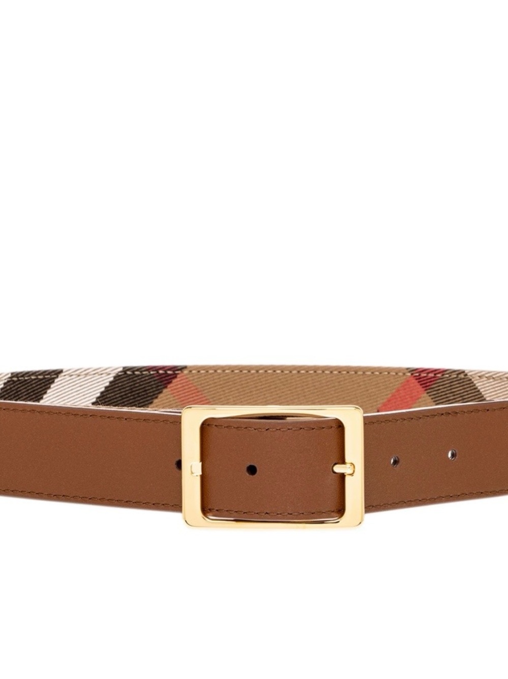 Burberry Tan/Brown Leather Belt with Gold Buckle and Signature Check